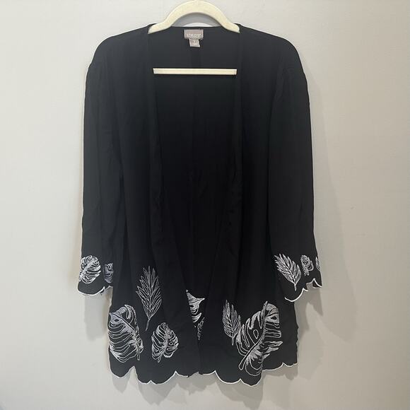 Chico's Open Front Cardigan Duster Black White Embroidered Detail size 1 Medium - Picture 1 of 6